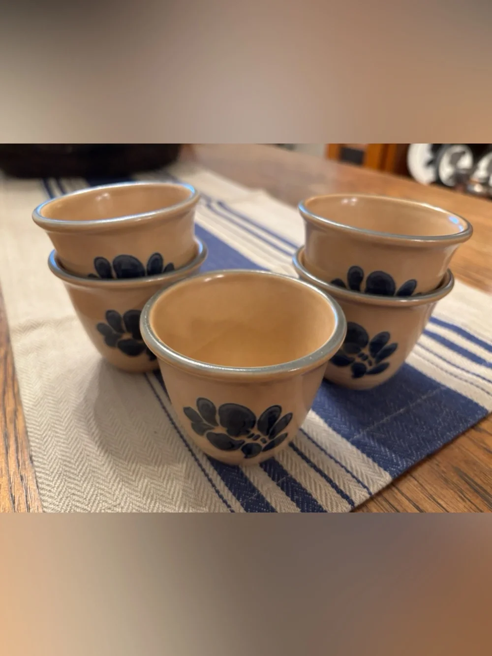 Vintage Pfaltzgraff USA Stoneware Set 5 Blue Floral Custard Juice Cups Tumblers